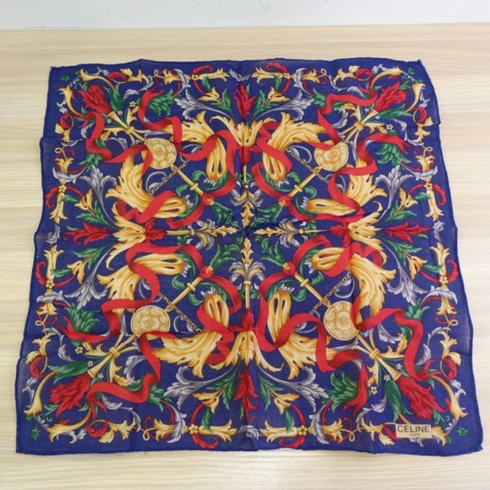 Vintage CELINE Paris Handkerchief Blue Gold‎ Medallion Arabesque AUTH Luxe 17x18 - Picture 11 of 12
